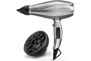 BaByliss Sèche-cheveux Pro Digital avec Diffuseur - Sèche-cheveux professionnel de 2200W ultra-rapide, Ionique, Fabriqué en Italie, 3 réglages de températures & 2 réglages de vitesse, Argent, 6000E