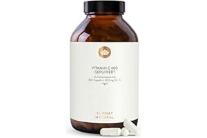‎SUNDAY NATURAL SUNDAY NATURAL® Vitamin C hochdosiert - 365 Kapseln - 1.200 mg Vitamin C gepuffert je Tagesdosis – Säurefreies Calciumascorbat – Magenschonend – Laborgeprüft, vegan, ohne unnötige Zusätze