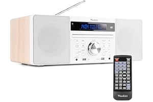 Audizio Prato DAB Digital Radio with CD Player, Bluetooth Wireless Streaming, DAB+, USB MP3 Playback, Stereo Speakers, X-Bass Sound, Remote Control, Home Audio System - White & Light Brown