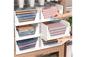 TidyIsles Wardrobe Storage Organiser - 6 Pack Folding Closet Organisers, Stackable Storage Boxes, Plastic Drawer Organiser Basket for Bedroom Kitchen Bathroom White
