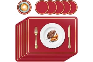 APLKER Placemats Set of 6 PU Leather Place Mats for Dinning Table Heat Resistant Waterproof Washable Table Mats and Coasters for Parties Indoor Outdoor, 16 x 12 inches (Red)