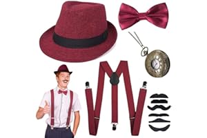 JORAKI Années 1920 Hommes Déguisements Accessoires Flapper Gangster Ensemble Great Gatsby Costume Kit Année 20 avec Chapeau Trilby Moustache Élastique Bretelles Homme Montre de Poche