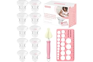 RAMXCION 10 PCS Inserts de Bride 13/15/17/19/21mm, Accessoires D'allaitement Compatibles Avec la Plupart Des Pompes à Lait Électriques Et Manuelles, Avec Brosse De Nettoyage Et Carte De Mesure Pour Mamelons