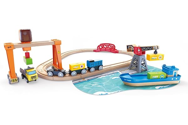 Hape lastning och laddning i hamnset, järnvägsset, skenor, tåg och fartyg, från 3 år
