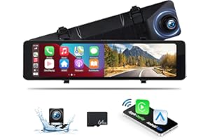 CAMECHO 11,26" Camara de Coche con Android Auto CarPlay Inalámbrico y Cámara de Visión Trasera, Pantalla Inteligente Espejo Retrovisor para Coches y Camiones visión Nocturna, Tarjeta de 64G