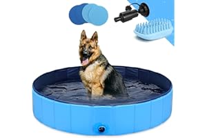 GoStock Dog Pool Foldable Dog Pet Kids Bath Pool Swimming Pool Paddling Pool Portable PVC Non-Slip Large Pet Dog Cat Bathing Tub Children Pet Dog Pool for Indoor/Outdoor (Bonus Pet Bath Brush)48"x12"