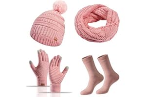 Baynetin 4 Packs Women Winter Hat Scarf Gloves Socks Set,Winter Beanie Cap Warm Thermal Bobble Hats Touchscreen Gloves Women's Scarf Neck Warmer 4 in 1 Cold Weather Set