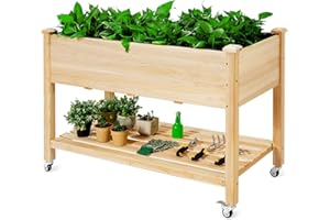 HOMASIS Jardinera de madera con ruedas y estante, jardinera para jardín, balcón, terraza, jardinera con agujeros de drenaje y forro polar, 120 x 59 x 84 cm