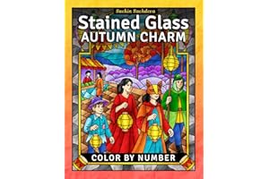 Stained Glass Autumn Charm: Color by Number Coloring Book for Adults, Fall Window Designs and Halloween Patterns for Stress Relief and Relaxation