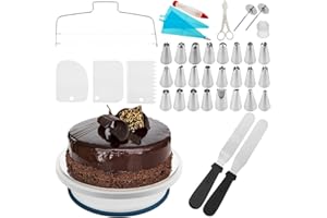 PrimeMatik - Base giratoria para tartas de 28 cm con 4 espátulas. Plataforma rotatoria de color blanco