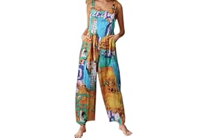 YILEEGOO Cotton Linen Dungarees for Women, Ladies Casual Overalls Baggy Wide Leg Pants Jumpsuit Playsuit