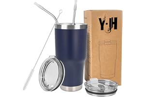 YJH Y·JH 30oz (850ml) Taza Termo Cafe Para Llevar - Vaso Con Pajita - Taza Térmica de Acero Inoxidable Reusable - 2 Tapas a Prueba de Salpicaduras Pajitas - Azul Marino