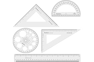 Liquidraw Geometry Set - 5 Piece | 2 x Set Square Triangle Ruler, Semi Circle Protractor, Circle Protractor, 12" Ruler | Professional Quality | Work or School Supplies | Mm & Inch Markings | Clear