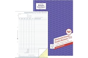 AVERY Zweckform 1773 godzinny dowód rejestracyjny (A4, samokopiujący, sprawdzony przez ekspertów prawnych, dla Niemiec i Austrii do nieograniczonego przeglądu pracowników, 2 x 40 arkuszy), biały/żółty