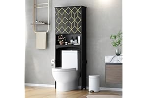 HOLTICO Toilettenregal Waschmaschinenschrank Über-Toiletten-Aufbewahrungsschrank mit Goldverzierung, Badezimmerorganizer über Toilette mit verstellbaren Regalen und Toilettenpapierhalter(Schwarz)