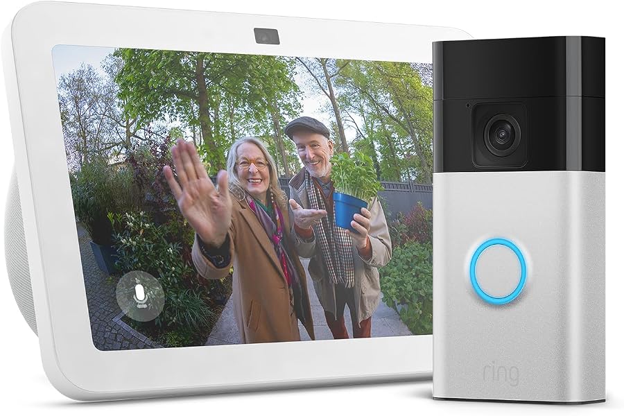 Echo Show 8 | Weiß + Ring Akku-Videotürklingel | Nickel Matt