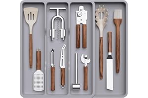 Lifewit Utensil Drawer Organiser, Expandable Cutlery Tray for Kitchen, Adjustable Cooking Silverware Flatware Holder, Plastic Kitchen Spatula Tools and Gadgets Storage Divider, 4 Compartments Grey