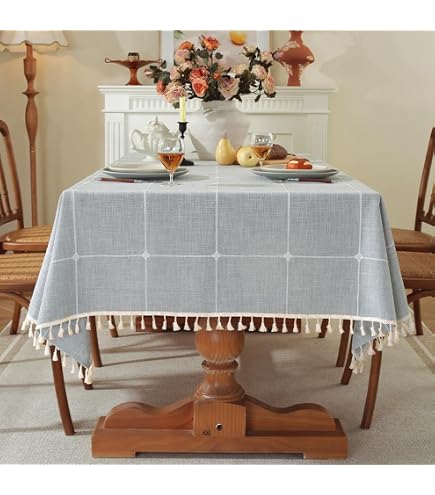 Tovaglia Quadrata In Cotone Con Nappe – Motivo A Quadri Ricamato, 90x90 Cm, Colore Grigio, Per Cucina E Giardino, LUCKYHOUSEHOME