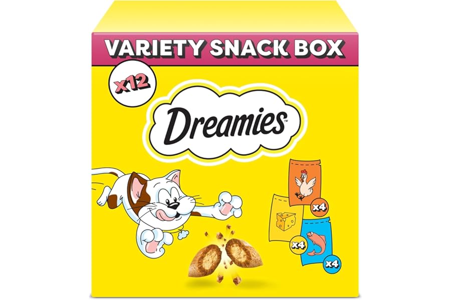 DREAMIES - Cat Treats - 12 x 60g - Multipack Biscuits - Variety Snack Box - 12 Pouches