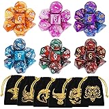 DND Dice, QMAY 6 x 7 Set Polyhedral Double-Color Dice Sets with 6 Gold Pattern Drawstring Pouches for Dungeon and Dragons MTG