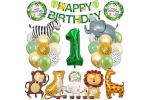 MELEAGER Palloncini Giungla Compleanno, Animali Giungla 1 Anno, 41 Pezzi Decorazioni Compleanno, Topper Torta per Bambino Ragazza Ragazzi