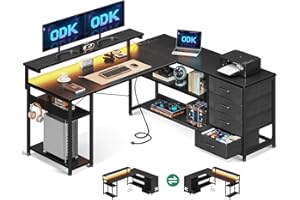 ODK Escritorio con Cajones, 135×110cm Escritorio Esquinero Reversible con 2 enchufes y 2 Puertos de Carga USB, Mesa Gaming L con LED para Oficina en casa, Negro