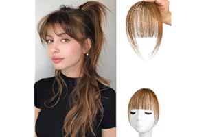 SWY HAIR Bangs Hair Clip in Bangs 100% Real Human Hair Extensions Wispy Bangs Clip on Air Bangs for Women Hairpieces Curved Bangs for Daily Wear (A-Light Brown, Wispy Bangs)