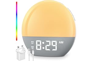 Brenth Sunrise Alarm Clock, Wake Up Light with Sunrise/Sunset Simulation Dual Alarms, 9 Min Snooze, 10 Colors Atmosphere Lamp, 24 Natural Sounds & FM Radio, Charging Port, Dimmable Bedside Night Lamp
