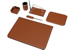 MARUSE Set da Scrivania 6 Pezzi - 100% Pelle Pieno Fiore - Fatto a Mano in Italia da Esperti Artigiani - Elegante e Funzionale, ideale per l'Ufficio - Cognac