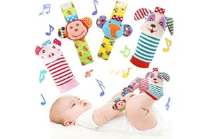 Lilbitty Lot de 4 chaussettes hochet pour bébé de 3 à 6 mois, hochets pour poignet de 0 à 6 mois, jouets pour nouveau-nés de 0 à 6 mois, indispensables