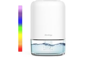 Devology Portable Compact 1100ml Mini Dehumidifier - Electric Energy Efficient - Mould, Mildew, Damp & Condensation Remover for Home, Office, Garage - Super Quiet <30dB 7 LED Mood Lighting Colours