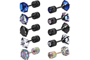 Firtink 5 Pairs Titanium Earrings Women Men Stud Screw Back Surgical Stainless Steel Sleeper Rainbow 5A Cubic Zirconia Studs Double Side Earrings, Black,Gold,Rainbow,Silver