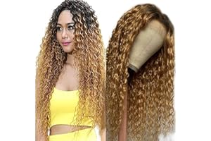 AiPliantfis Perruque Cheveux Curly Wave Human Hair Wig 4x4 Lace Front Wig Ombre Blonde Wig Real Hair 100% Unprocessed Brazilian Virgin Remy Hair 150% Density for Woman 22 Pouce
