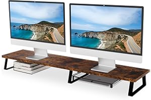 Aothia Dual Monitor Stand Riser - Desk Shelf with Metal Legs and Drawer, 2 Screen Setup, Wood Monitor Stand with Storage Organize for PC, Laptop, Screen, Printer, Vintage