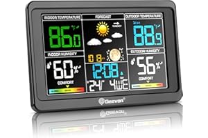 Geevon Wireless Weather Station with Outdoor Sensor, Radio Controlled Clock, Color Display Indoor Outdoor Temperature Thermometer with Barometric Pressure, Moon Phase, Adjustable Backlight