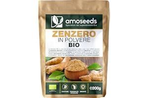 AMOSEEDS Zenzero in polvere Bio 200G | Digestione, Articolazioni, Nausea | Disidratato senza zucchero | Qualità Superiore