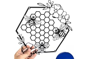 Yuzhuo Metal Bee Wall Art Farmhouse Honey Bees and Hives with Flowers Metal Wall Decor Hanging for Living Room Garden Bedroom Office Home Wall (Black)