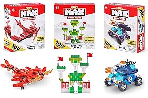 Max Build More 100 Bausteine Set (3er Pack) von ZURU Über 300+ Spielzeugbausteine, 3 Modelle zum Bauen, Drachenangriff, Grünes Schloss und Weltraumauto (Kompatibel mit den großen Marken) von ZURU