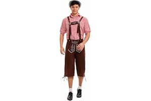VELCOXPLAY Costume de fête de la bière pour homme - Costume bavarois - Chemise à carreaux - Pantalon en cuir - Ensemble de cosplay - Fête à thème allemand - Carnaval - Vêtements pour adultes