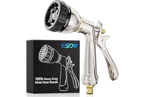 ESOW Garden Hose Nozzle HA-02, 100% Heavy Duty Metal, 8 Watering Patterns, Rear Trigger Design, Silver, High Pressure Sprayer for Plants, Car & Pet Washing
