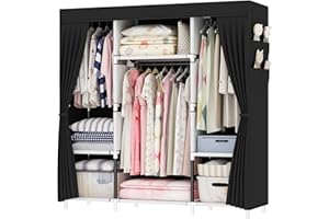 OPPAIYA Canvas Wardrobe, Zippered Foldable Closets, Pop up wardrobe With 3 Hanging Rails, 3 Compartments and 8 Side Pocket Fabric Wardrobes, 175 x 150 x 45 cm, Portable Wardrobe for Bedroom
