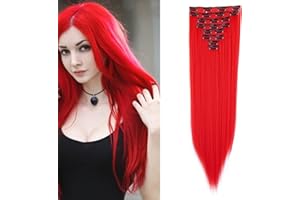 Cybelleza Extensiones de Clip de Pelo Natural Liso 60cm 8 Piezas Extensiones de Cabello Postizo Sintético Largo Cabeza Completa para Mujer (Rojo)
