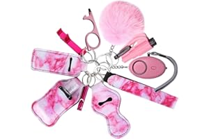 RosyFate Zestaw breloczków do kluczy, 8 w 1, do samoobrony, alarm bezpieczeństwa, młotek bezpieczeństwa z przecinakiem do pasów (różowy)