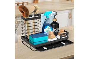 NINGESHOP Organizador Bajo Fregadero de Cocina, Accesorios de Cocina Soporte con Toallero, Acero Inoxidable Organizador Fregadero, Organizador Estropajo Fregadero, Bandeja de Goteo Extraíble,Negro
