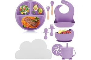 TURIUEBA 10 Pezzi Set Svezzamento Prima Pappa Silicone Kit Bimba Neonato 6 Mesi Bambini Piattino Stoviglie Accessori Piatto con Ventosa Ciotola Cucchiaio Forchetta Tazza Bavaglino Tovagliette Antiscivolo Viola