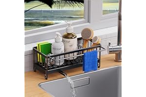 VILCEN Organizador Fregadero, Soporte Estropajo Fregadero de Cocina Acero Inoxidable con Bandeja de Desagüe Extraíble, Toallero y divisores Ajustables, Cocina Organizador de Lavado, Negro