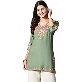LIBOZA Embroidered Kashmiri Tunic Top, Short Kurti for Women on Jeans, V-Neck, 3/4 Sleeve, Floral Design,