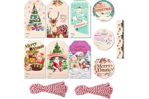 BIULDPY 100 étiquettes cadeaux de Noël avec ficelle : Étiquettes à suspendre, 10 motifs festifs pour emballage cadeau