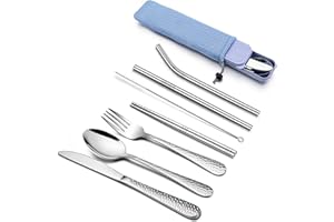 HaWare Campingbesteck, 9-teilig Edelstahl Outdoor Reisebesteck Wanderbesteck, Tragbares Picknick Besteck Set mit Messer Gabel Löffel, Metallstrohhalme, Essstäbchen, Reinigungsbürste, Blau Etui &Tasche
