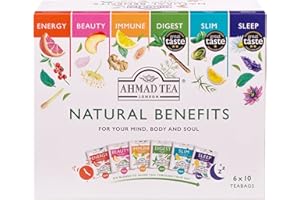 Ahmad Tea Prezenty | Natural Benefit Selection Pack | Zielone herbaty, napary owocowe i ziołowe | Idealny prezent na herbatę | 60 saszetek | 6 smaków